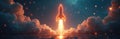Rocket soars through cloudy night sky. Glowing trail illuminates vapor clouds, creating dramatic scene. Ambition, innovation, Royalty Free Stock Photo