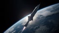 A rocket soars from Earth into space, science concept. Generative AI