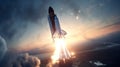 A rocket soars from Earth into space, science concept. Generative AI