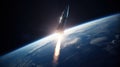 A rocket soars from Earth into space, science concept. Generative AI