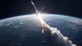 A rocket soars from Earth into space, science concept. Generative AI