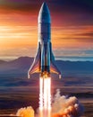 Rocket in the space against the background of the sunset. 3d render. Royalty Free Stock Photo