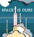 Rocket space craft vector rocket launching. Vector poster spaceship, flame steam blue background. Vertical space poster