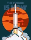 Rocket, space craft vector rocket launching. Vector poster spaceship. Red orange Mars flame clouds steam space poster Royalty Free Stock Photo