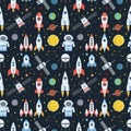 Rocket space globe solar system and planet cosmos sky seamless pattern background vector illustration.