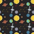 Rocket space globe solar system and planet cosmos sky seamless pattern background vector illustration.