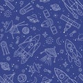 Hand drawn spacecrafts, stars and planets.