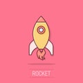 Rocket space ship icon in comic style. Spaceship vector cartoon illustration pictogram. Rocket start business concept splash Royalty Free Stock Photo