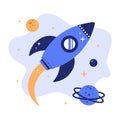 Rocket, space, stars and planets in Flat style, cartoon, doodle. Outer space concept illustration. Royalty Free Stock Photo