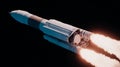 Rocket spacecraft launching with bright engine flames against black space background. Modern aerospace technology for space Royalty Free Stock Photo