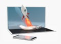 Rocket start computer notebook smart phone 3d-illustration Royalty Free Stock Photo
