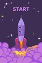 Rocket start. Starting shuttle in sky. Purple colors stars night background. Business startup symbol, creative idea and