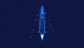 Rocket start. Rocket from triangles and luminous points. Startup concept. Background of beautiful dark blue night sky. Polygonal