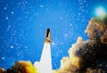Rocket Starts Into Space. Concept . Spaceship Lift Off With Blast And Smoke On The Background. Elements Of This Image Furnished By