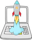 Rocket, startup symbol on laptop. Start of project, launch new plan, work with computer concept Royalty Free Stock Photo