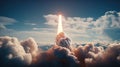 Rocket successfully launched into space. Spaceship takes off into the starry sky. Generative AI Royalty Free Stock Photo