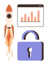 Rocket Launch, Bar Chart, and Padlock Representing Growth, Data, and Security Royalty Free Stock Photo