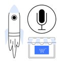 Rocket, Microphone, and Online Store Icon Representing Innovation, Voice Technology, and E-commerce Royalty Free Stock Photo