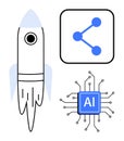 Rocket, AI Chip, and Network Node Icon Representing Innovation, Technology, and Connectivity Royalty Free Stock Photo