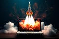 rocket takes off from a notebook screen, concept of success. generated by ai