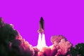 Rocket takes off in the pink sky. Spaceship begins the mission on a pink background. Space shuttle taking off on a mission.