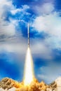 Rocket takes off into the sky. The elements of this image furnished by NASA