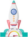 Rocket takes off into sky at high jet speed. Vector spaceship and speedometer flat design