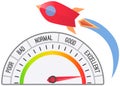 Rocket takes off into sky at high jet speed. Vector spaceship and speedometer flat design