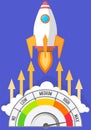 Rocket takes off into sky at high jet speed. Vector spaceship and speedometer flat design