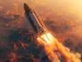 Rocket takes off in the sky. Spaceship begins the mission. Space shuttle taking off on a Planet Royalty Free Stock Photo