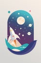 The rocket takes off into space the background of the moon, stars and planets. for the Cosmonautics Day. vector illustration Royalty Free Stock Photo