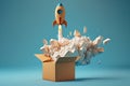 Rocket taking off from cardboard box on blue background, 3D illustration. Generative ai Royalty Free Stock Photo