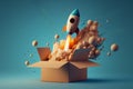 Rocket taking off from cardboard box on blue background, 3D illustration. Generative ai Royalty Free Stock Photo
