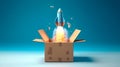 Rocket taking off from cardboard box on blue background, 3D illustration. Generative AI Royalty Free Stock Photo