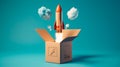 Rocket taking off from cardboard box on blue background, 3D illustration. Generative AI Royalty Free Stock Photo