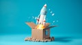 Rocket taking off from cardboard box on blue background, 3D illustration. Generative AI Royalty Free Stock Photo