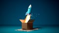 Rocket taking off from cardboard box on blue background, 3D illustration. Generative AI Royalty Free Stock Photo