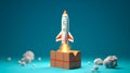 Rocket taking off from cardboard box on blue background, 3D illustration. Generative AI Royalty Free Stock Photo