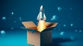 Rocket taking off from cardboard box on blue background, 3D illustration. Generative AI Royalty Free Stock Photo