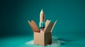 Rocket taking off from cardboard box on blue background, 3D illustration. Generative AI Royalty Free Stock Photo