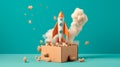 Rocket taking off from cardboard box on blue background, 3D illustration. Generative AI Royalty Free Stock Photo