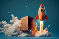 Rocket taking off from cardboard box.generative ai Royalty Free Stock Photo