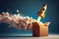 Rocket taking off from cardboard box.generative ai Royalty Free Stock Photo