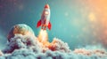 Rocket taking off 3d illustration, render. Spaceship Launching, flying out on light grey background with copy space for text.AI Royalty Free Stock Photo