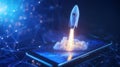 Rocket taking off a mobile phone screen, representing fast business start, technology data network development, Royalty Free Stock Photo