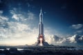 Rocket taking off from the Moon, future space exploration, AI generated concept Royalty Free Stock Photo