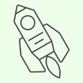 Rocket thin line icon. Cosmic space ship flying with fire outline style pictogram on white background. Exploration and Royalty Free Stock Photo