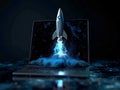 Rocket thrusting through laptop, blue digital universe Royalty Free Stock Photo