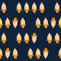 Rocket toys fly over dark blue sky vector illustration. Seamless pattern for nursery and baby room wallpaper. Royalty Free Stock Photo