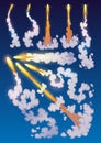 Rocket trail fire smoke set. Spaceship launch with clouds, spaceflight effects. Space rocket of galaxy shuttle or